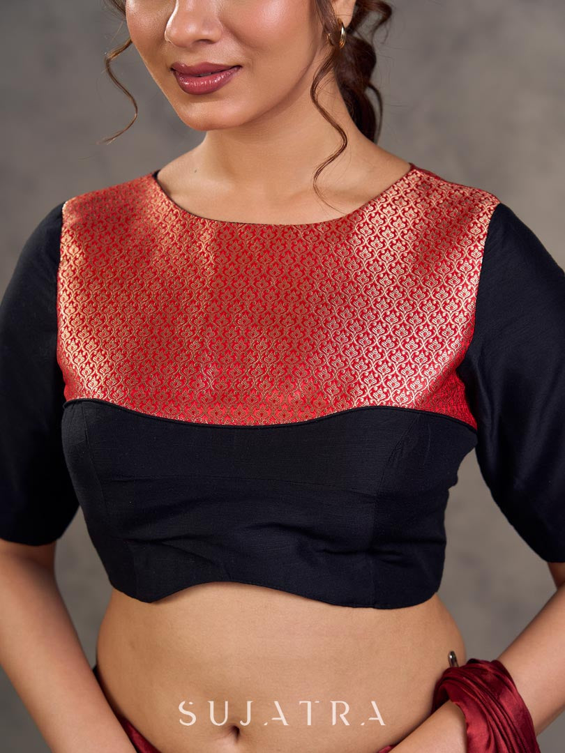 Midnight Black Cotton Silk Blouse with Antique Maroon Benarasi Boat Neck Yoke