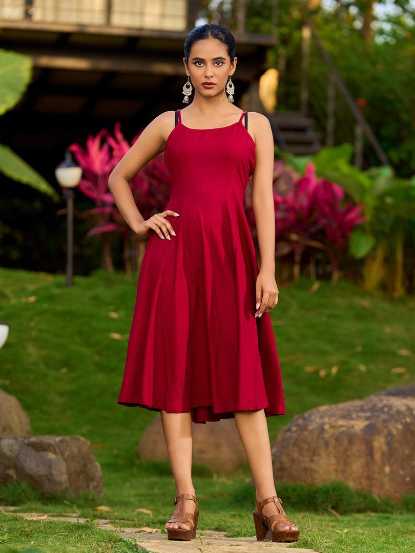 Maroon Rayon Flared Adjustable Straps Slip Dress