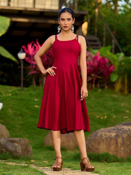 Maroon Rayon Flared Adjustable Straps Slip Dress