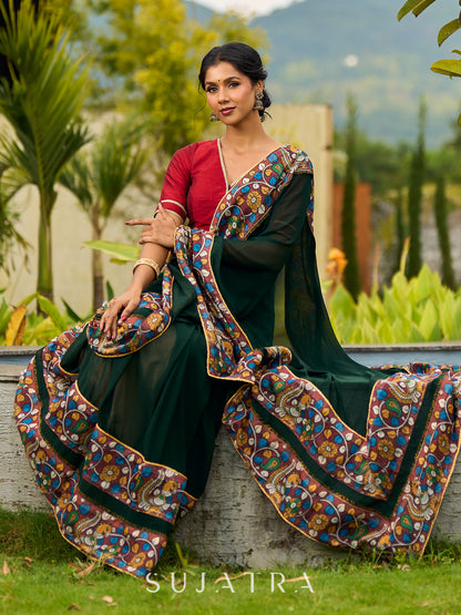 Classic Bottle Green Georgette Saree with Kalamkari Border Detailing & Ajrakh Highlight