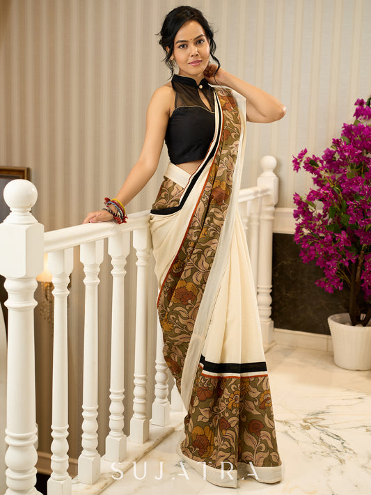 Elegant off white cotton saree with exclusive kalamkari combination