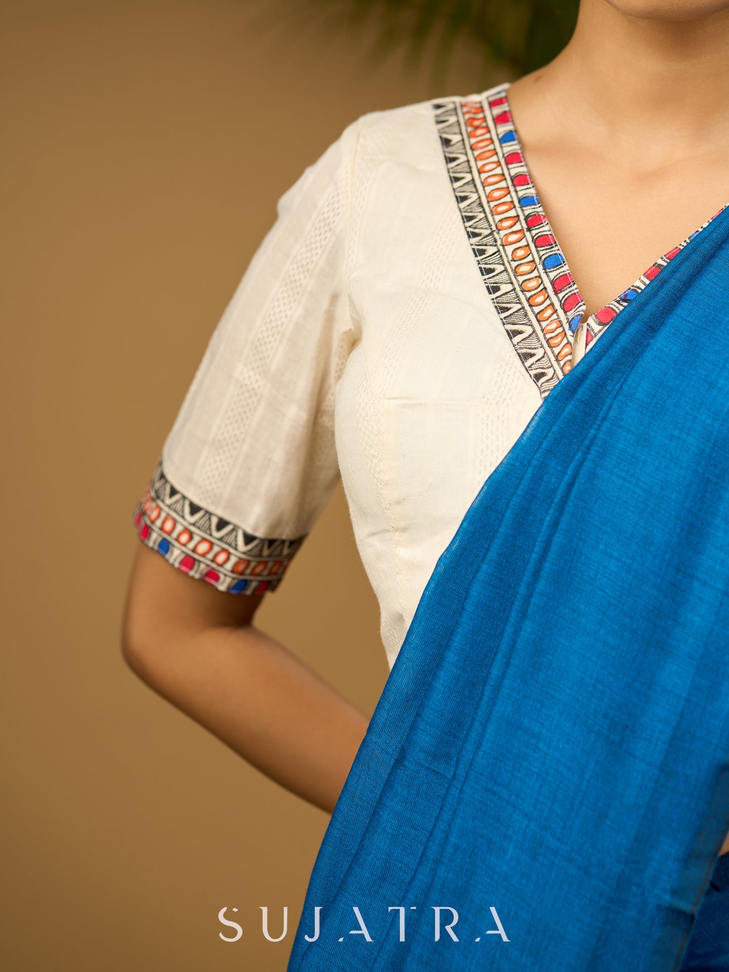 Elegant off-white cotton madhubani Handpainted blouse - Optional Plain Saree
