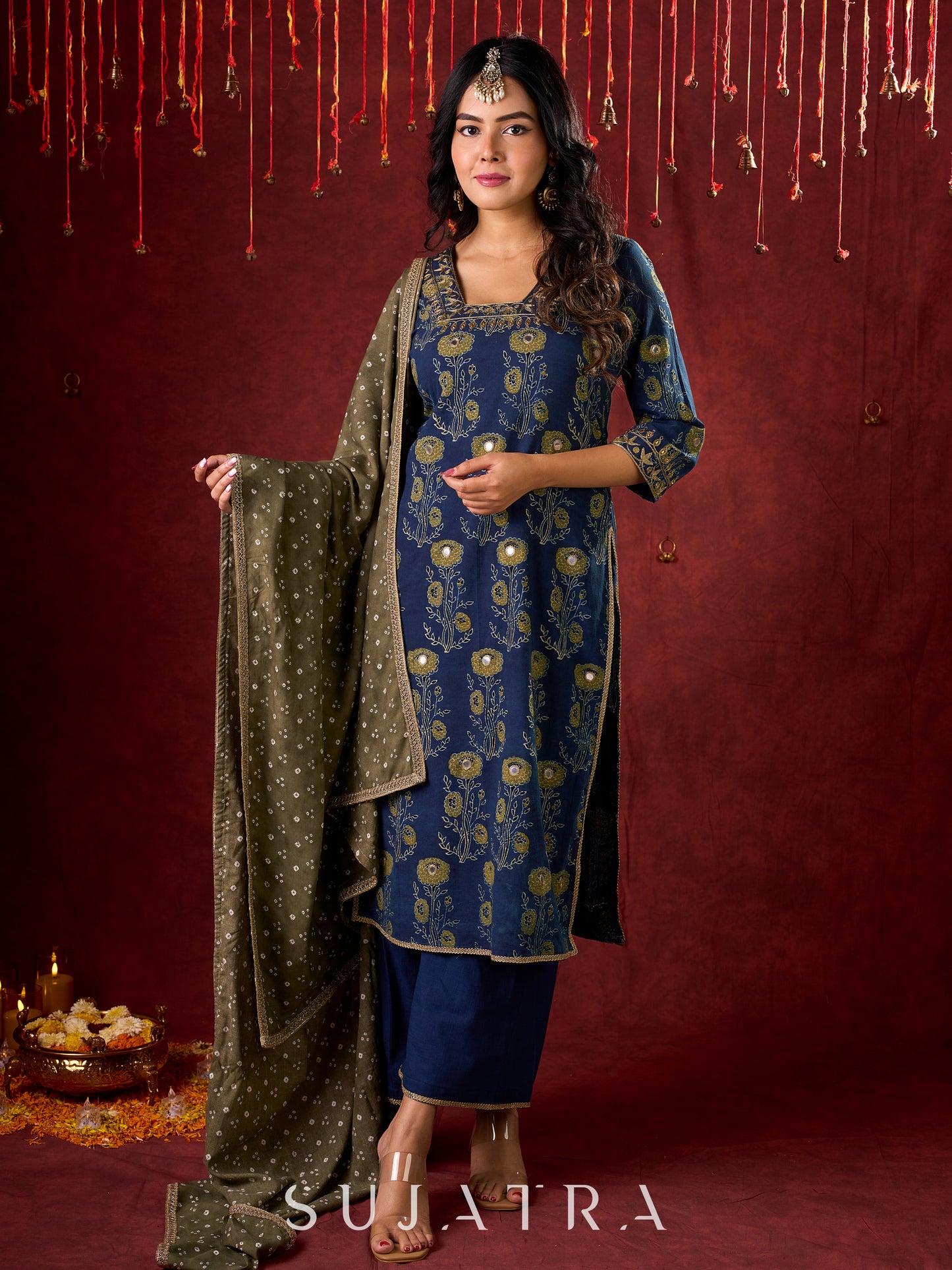 Indigo Ajrakh Kurta with Subtle Embroidered Neckline & Sleeves