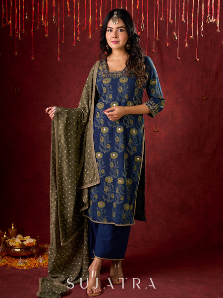 Indigo Ajrakh Kurta with Subtle Embroidered Neckline & Sleeves