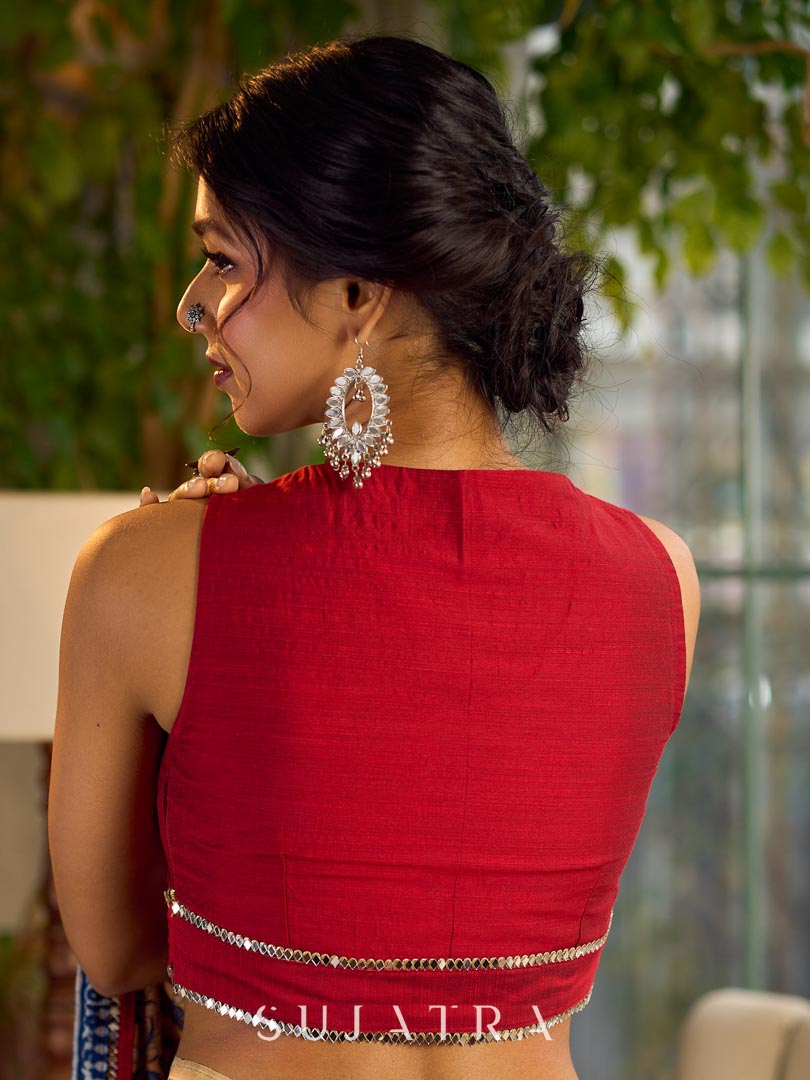 Timeless Maroon Cotton Silk Blouse with Mirror Lace Embellishment