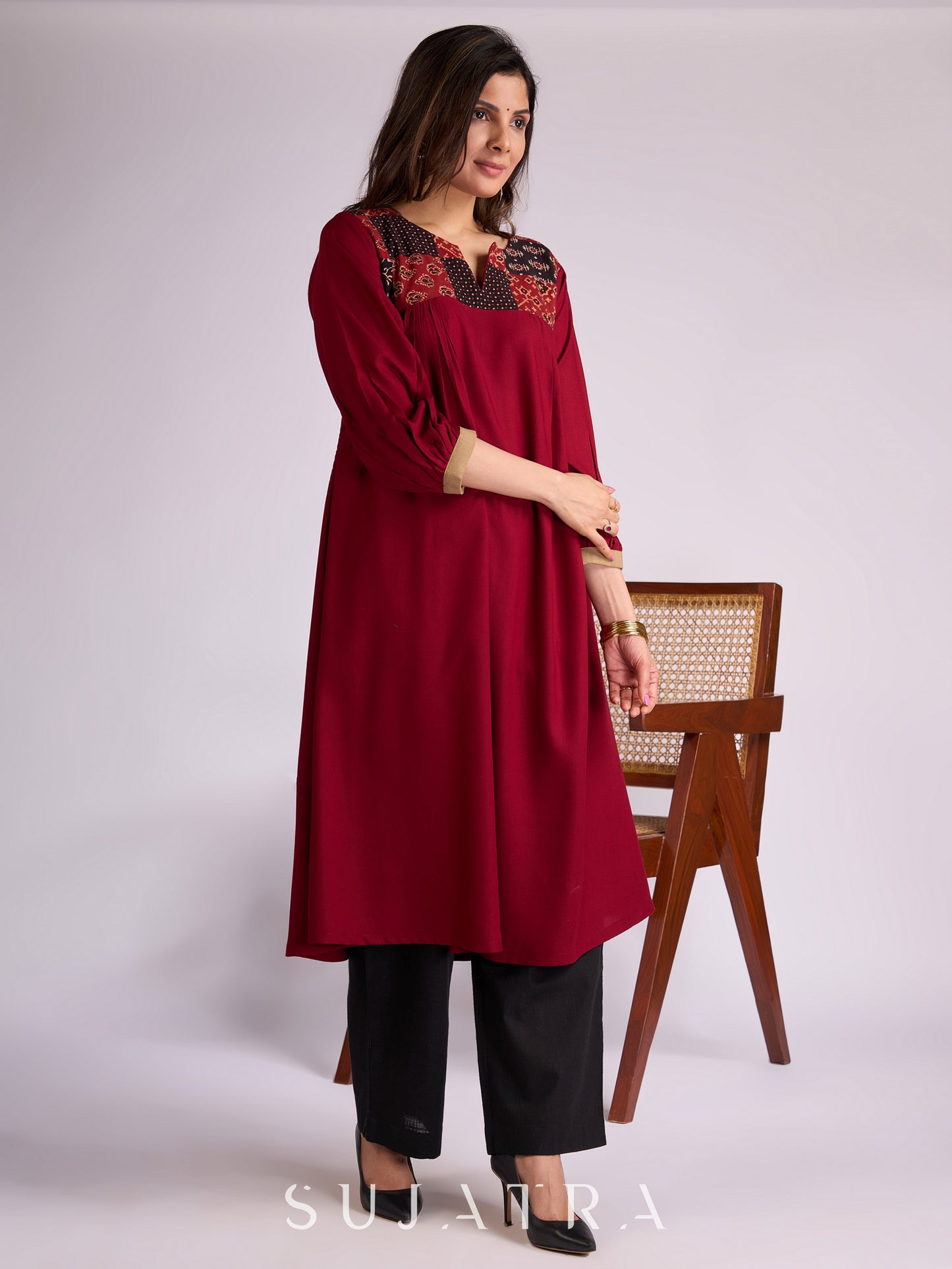 Maroon Rayon Kurta with Ajrakh Patchwork & Pleats Detailing