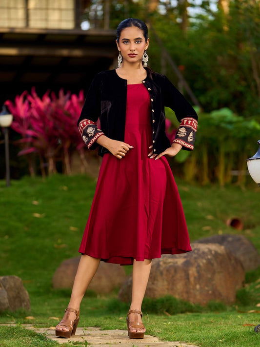 Maroon Rayon Slip Dress - Velvet Jacket Optional