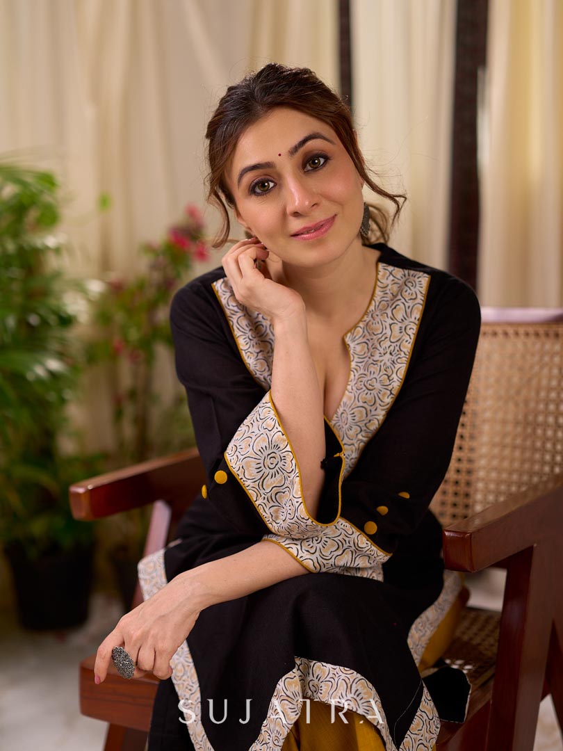 Timeless Black Cotton Kurta with White Floral Hand Block Printed Yoke, Cuffs & Hem with Contrast Button Detail