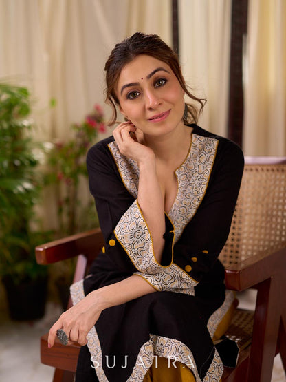 Timeless Black Cotton Kurta with White Floral Hand Block Printed Yoke, Cuffs & Hem with Contrast Button Detail
