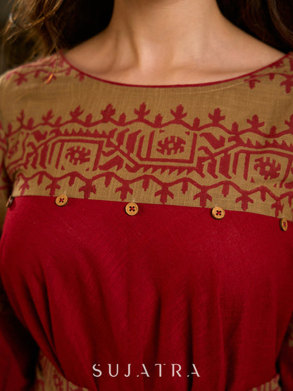 Classic Maroon & Beige Cotton Dress with Jamdani Inspired Hand Block Printed Border and Tie-Up Belt
