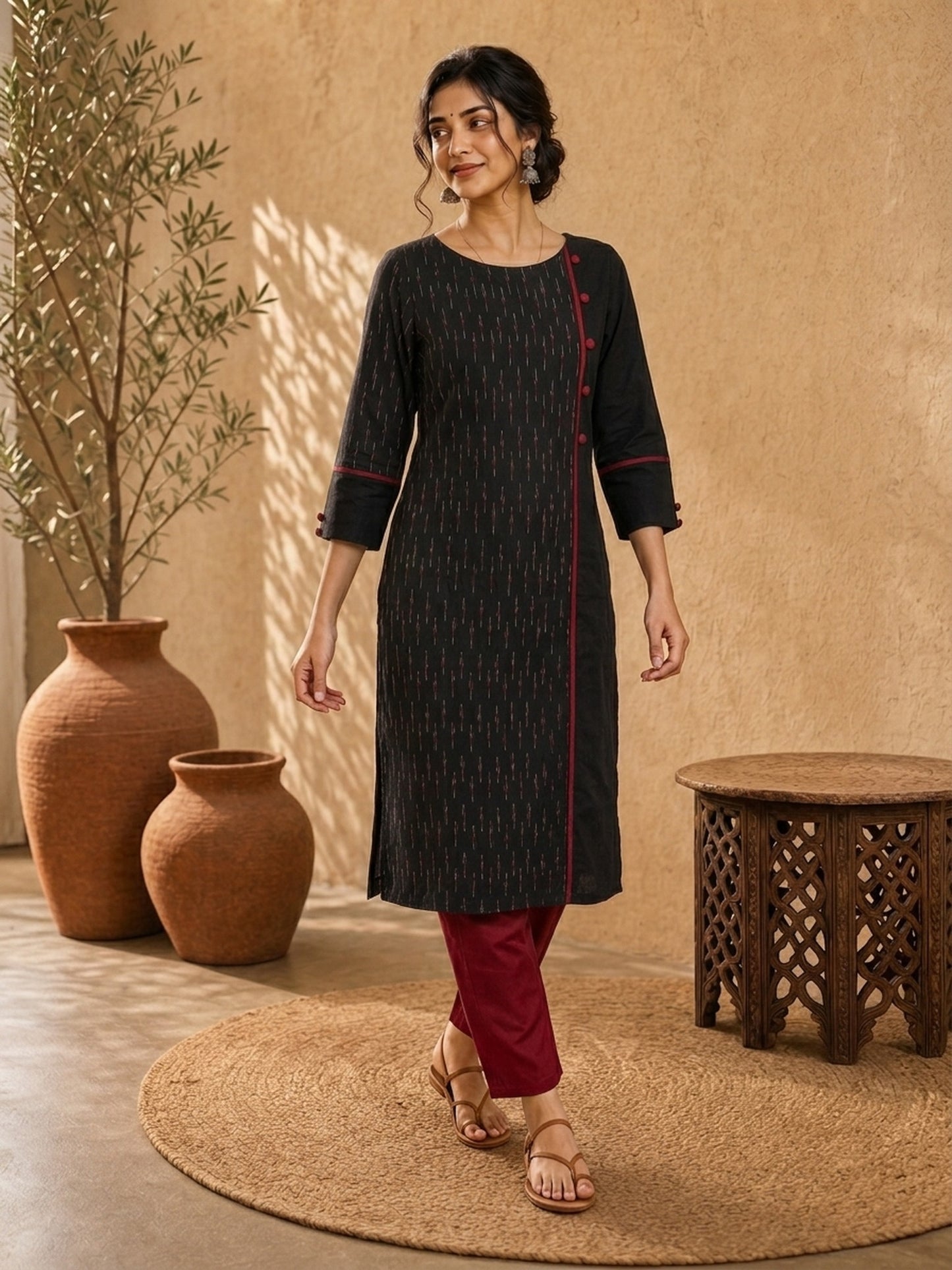Structured Black Ikat Cotton Kurta with Bold Maroon Piping & Coordinated Sleeve Buttons