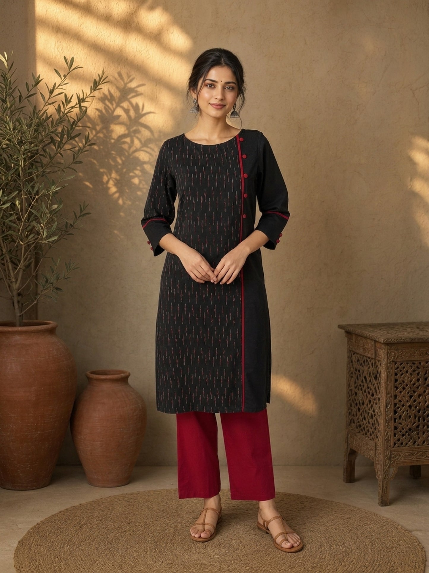 Dark Maroon Solid Cotton Straight Pant