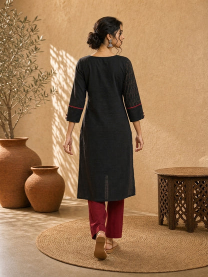 Structured Black Ikat Cotton Kurta with Bold Maroon Piping & Coordinated Sleeve Buttons