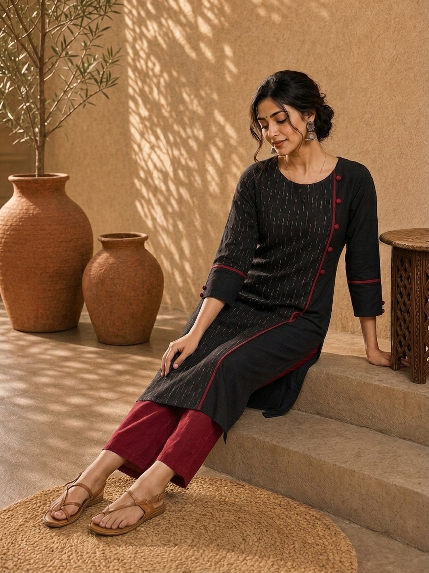 Structured Black Ikat Cotton Kurta with Bold Maroon Piping & Coordinated Sleeve Buttons