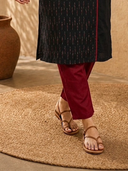 Dark Maroon Solid Cotton Straight Pant