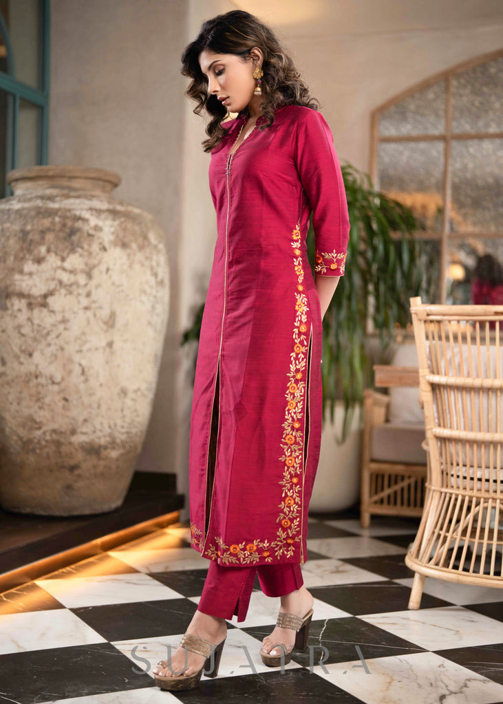 Beautiful Magenta Cotton Silk Pant &Kurta With Embroidery On Sides & Sleeves  - Dupatta Optional