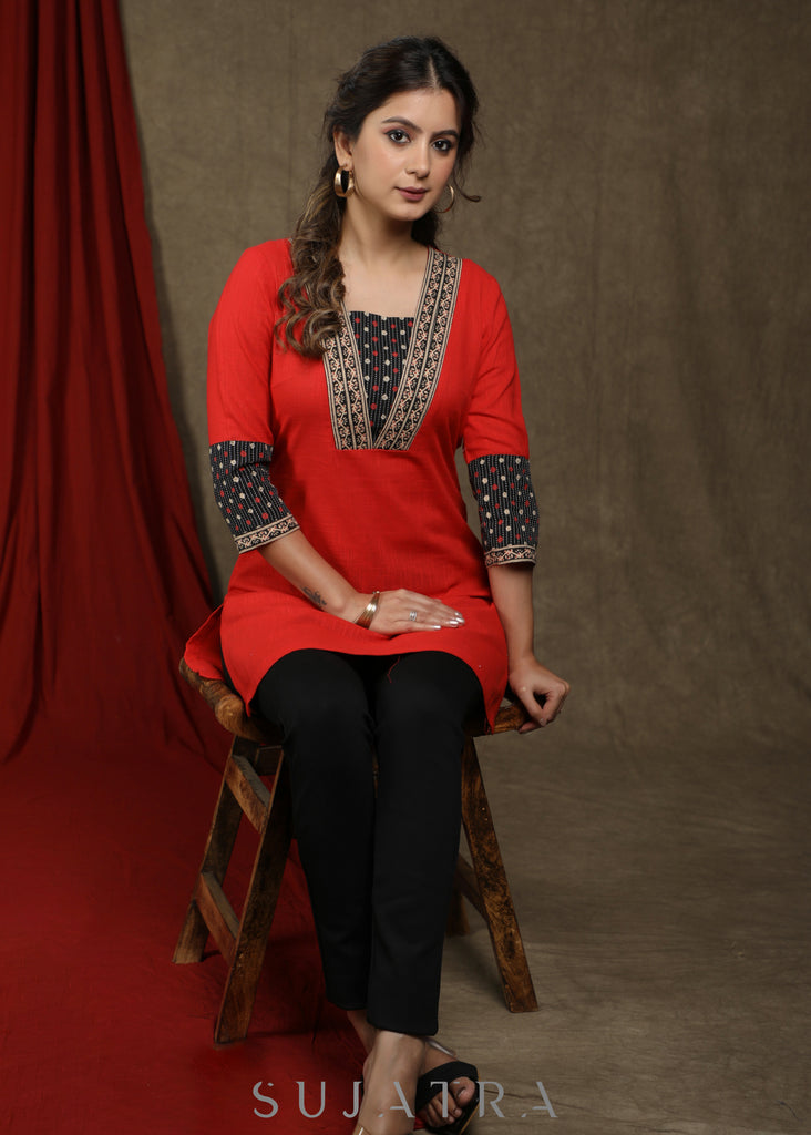 Beautiful bright red cotton tunic with black multicolor kantha combination