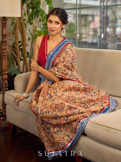 Elegant Mustard Kalamkari Print Chanderi Saree with Navy Blue Indigo Border