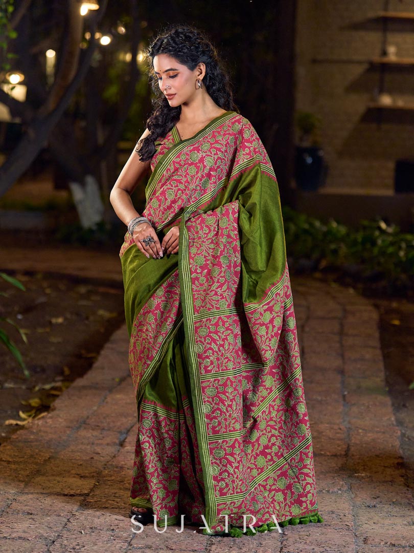 Mehendi Green-Pink Mughal Floral Hand Block Print Cotton Saree