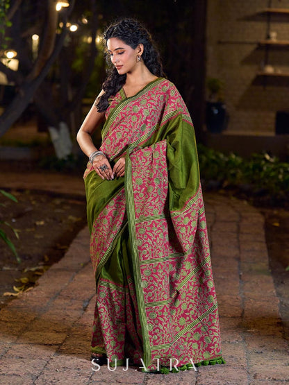 Mehendi Green-Pink Mughal Floral Hand Block Print Cotton Saree