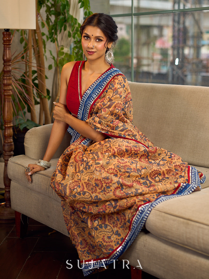 Elegant Mustard Kalamkari Print Chanderi Saree with Navy Blue Indigo Border