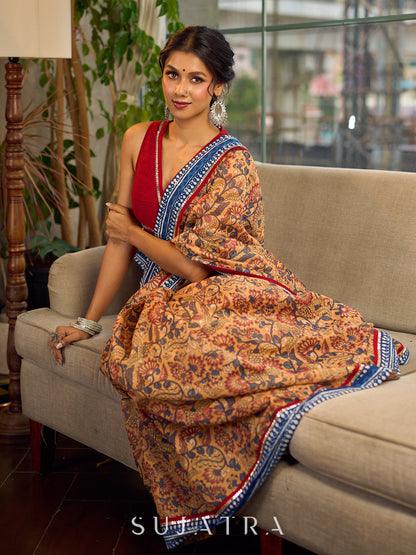 Elegant Mustard Kalamkari Print Chanderi Saree with Navy Blue Indigo Border