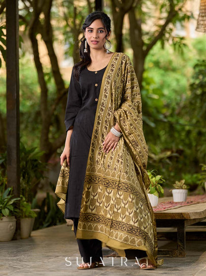 Earthy Olive Mul Cotton Dupatta with Traditional Prints