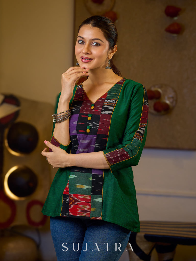 Graceful Green Cotton Silk Top with Ikat Patchwork and V Neck Detail