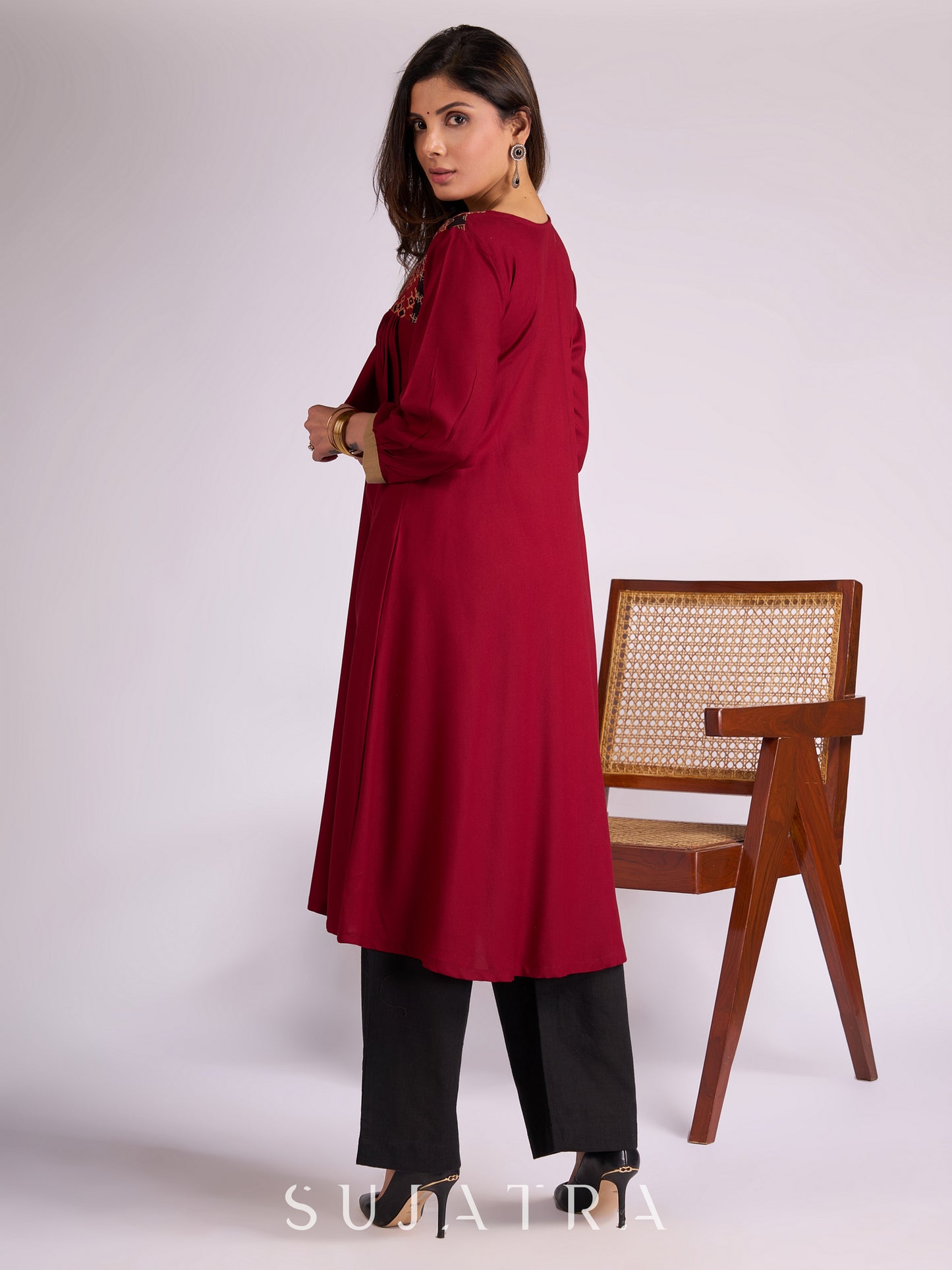 Maroon Rayon Kurta with Ajrakh Patchwork & Pleats Detailing