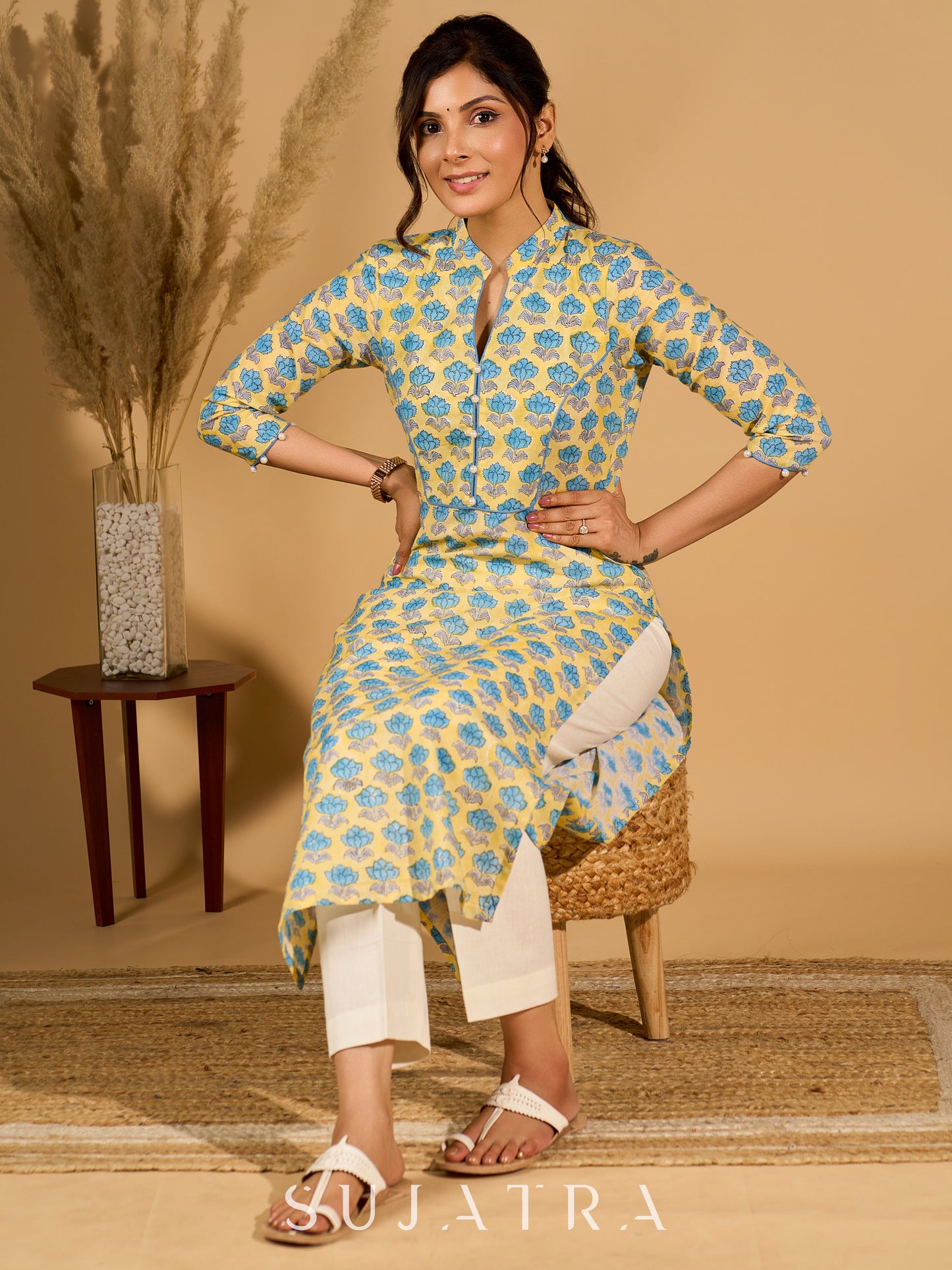 Lush Lemon Mul Cotton Kurta with Contrast Piping and Delicate Pearl Embellishments