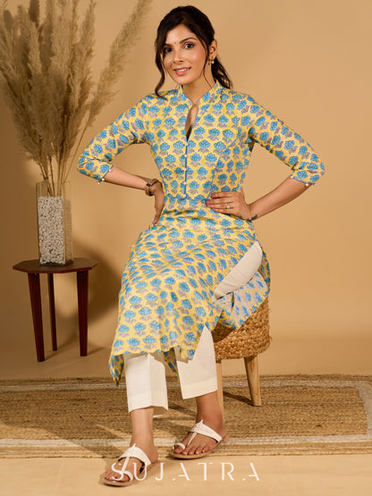 Lush Lemon Mul Cotton Kurta with Contrast Piping and Delicate Pearl Embellishments