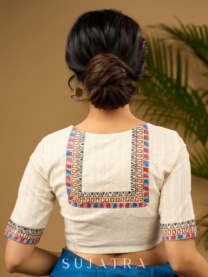 Elegant off-white cotton madhubani Handpainted blouse - Optional Plain Saree