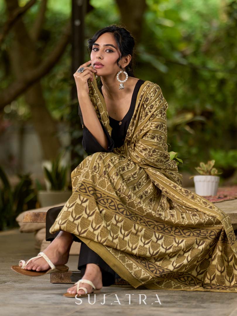 Earthy Olive Mul Cotton Dupatta with Traditional Prints