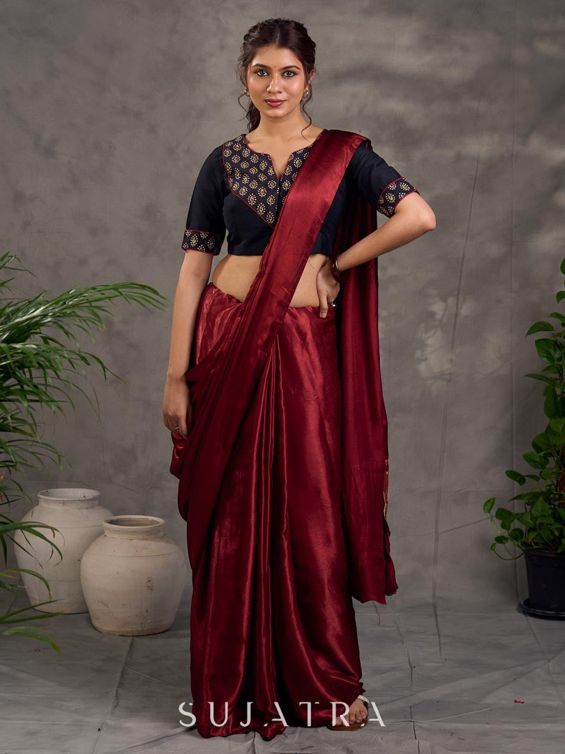 Striking Black Cotton Silk Blouse with Ajrakh Printed Embroidered Yoke & Red Piping Detail