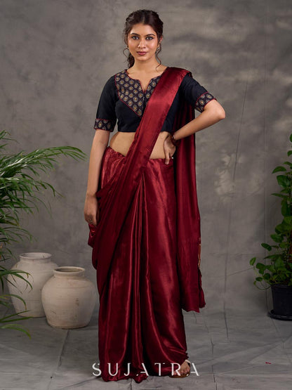 Striking Black Cotton Silk Blouse with Ajrakh Printed Embroidered Yoke & Red Piping Detail
