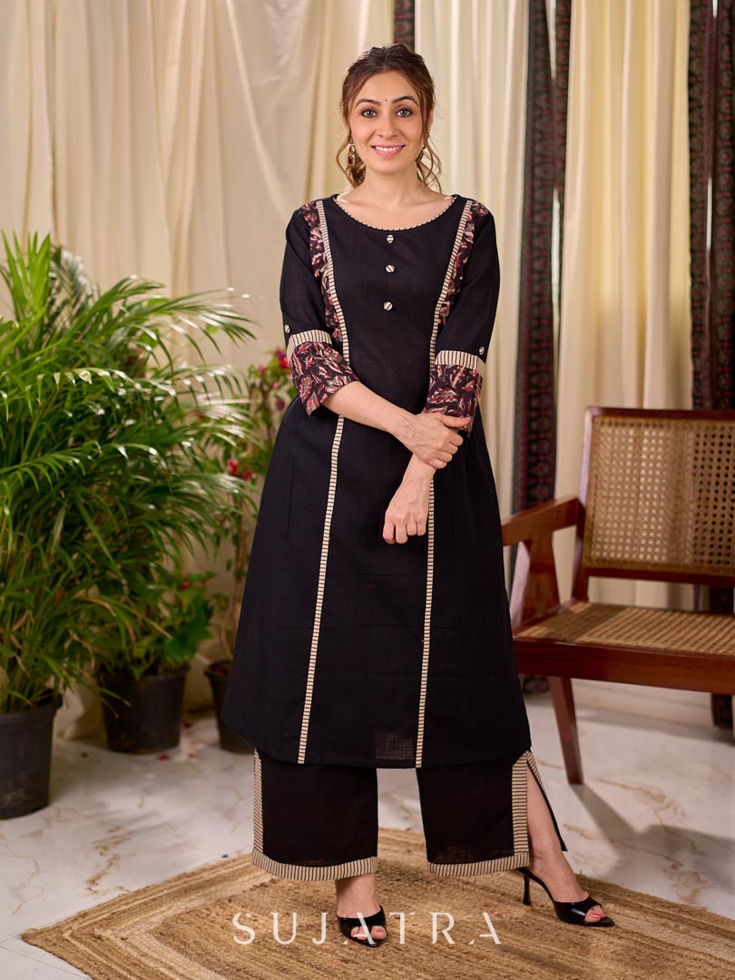 Bold Black Cotton Kurta with Contrast Floral Sleeve Cuffs and Stripe Border Detail