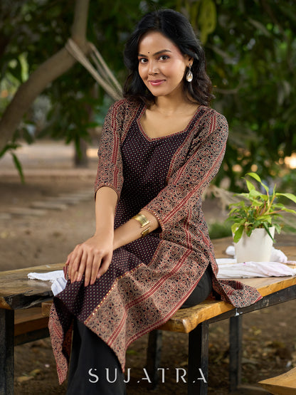 Sleek Black Ajrakh Panel Kurta with Fine Embellishments