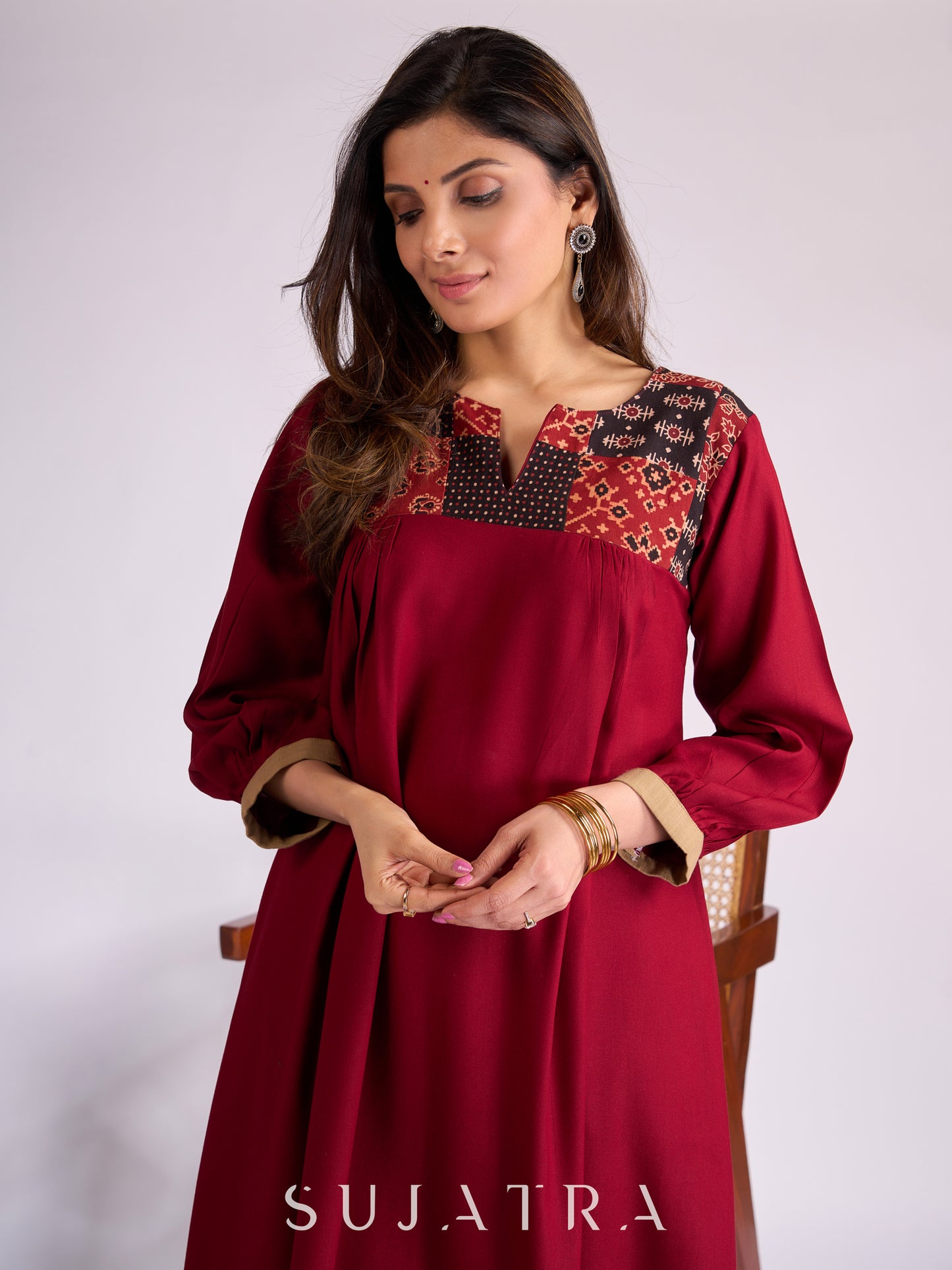Maroon Rayon Kurta with Ajrakh Patchwork & Pleats Detailing