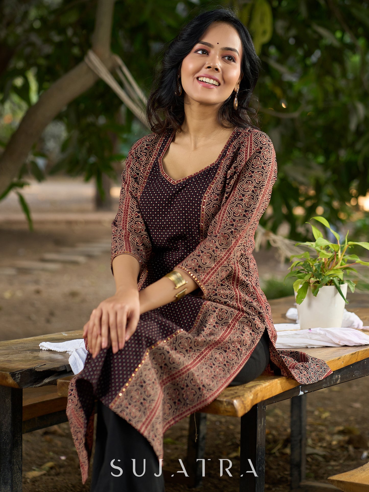 Sleek Black Ajrakh Panel Kurta with Fine Embellishments