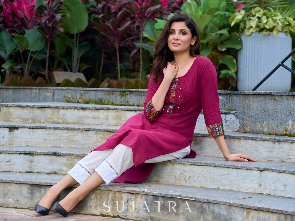 Magenta cotton kurta with Ikkat blend and inverted tuck detailing - ikkat pant optional