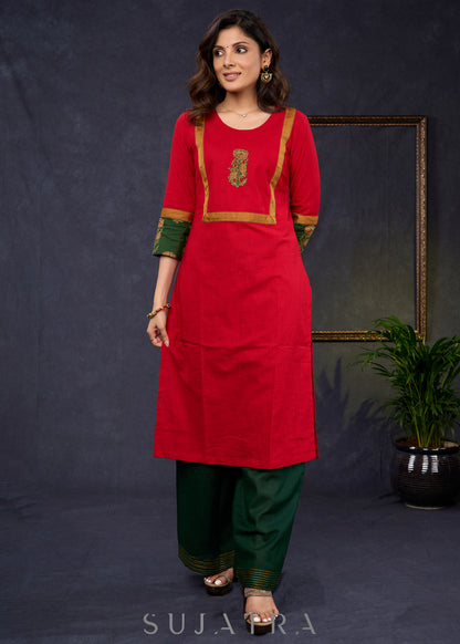 Dussehra Sale — Graceful-Red-Cotton-Straight-Cut-Kurta-With-Ajrakh-Combination-Highlighted-With-Floral-Ajrakh-Applique-On-The-Yoke--Pant-Optional