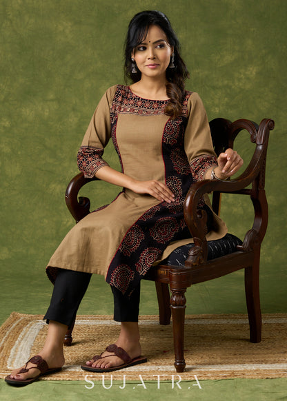 Elegant Cotton Ajrakh Combination Dark Beige Kurta - Pant Optional