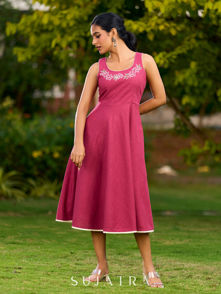 Magenta Cotton Flared Dress Adorned With Artistic Hand Painted Florals On The Neckline