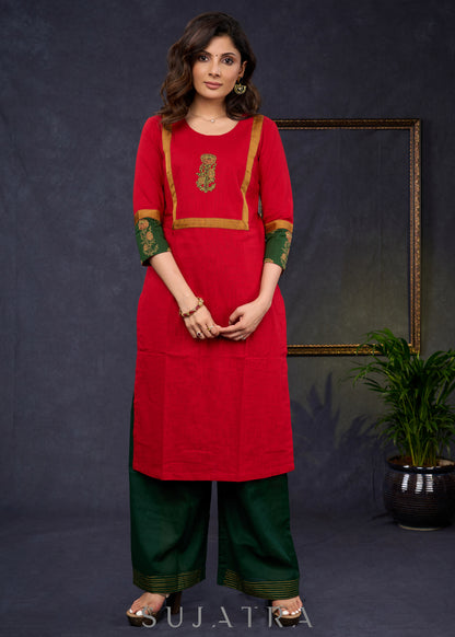 Dussehra Sale — Graceful-Red-Cotton-Straight-Cut-Kurta-With-Ajrakh-Combination-Highlighted-With-Floral-Ajrakh-Applique-On-The-Yoke--Pant-Optional