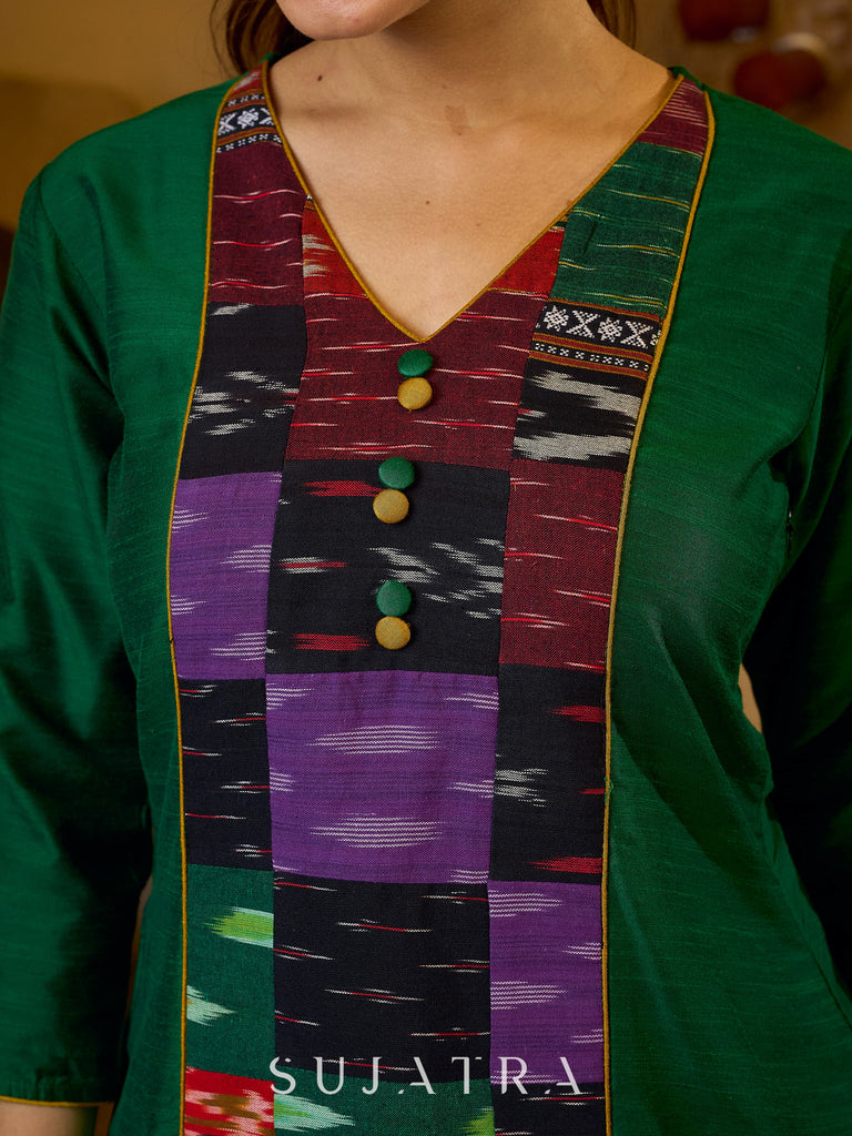 Graceful Green Cotton Silk Top with Ikat Patchwork and V Neck Detail