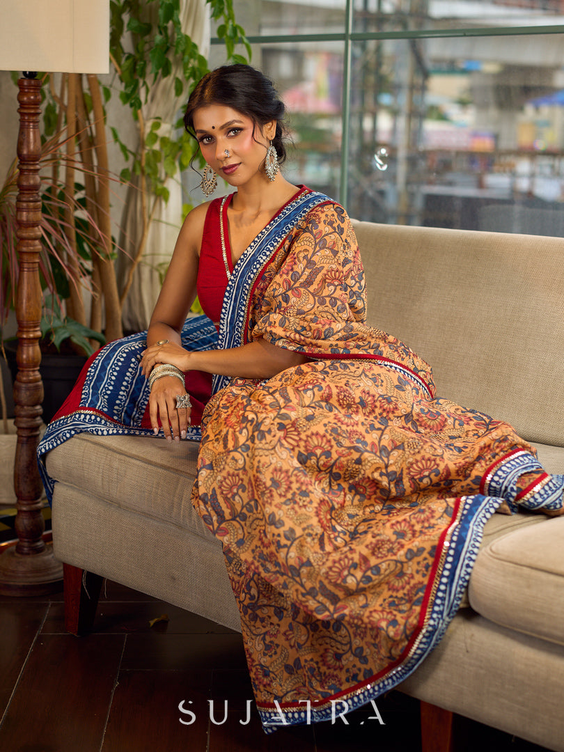 Elegant Mustard Kalamkari Print Chanderi Saree with Navy Blue Indigo Border
