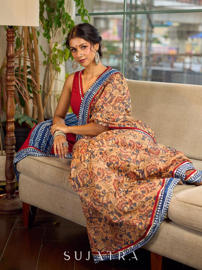 Elegant Mustard Kalamkari Print Chanderi Saree with Navy Blue Indigo Border