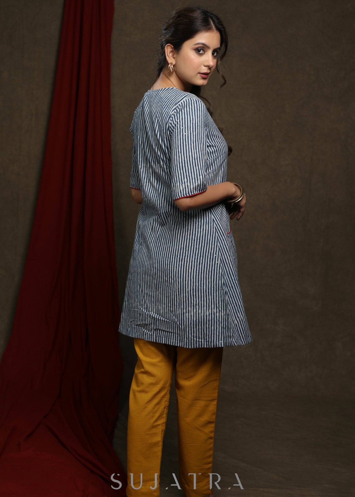 Trendy White Cotton embroidered buttons tunic with indigo shrug - Pant Optional