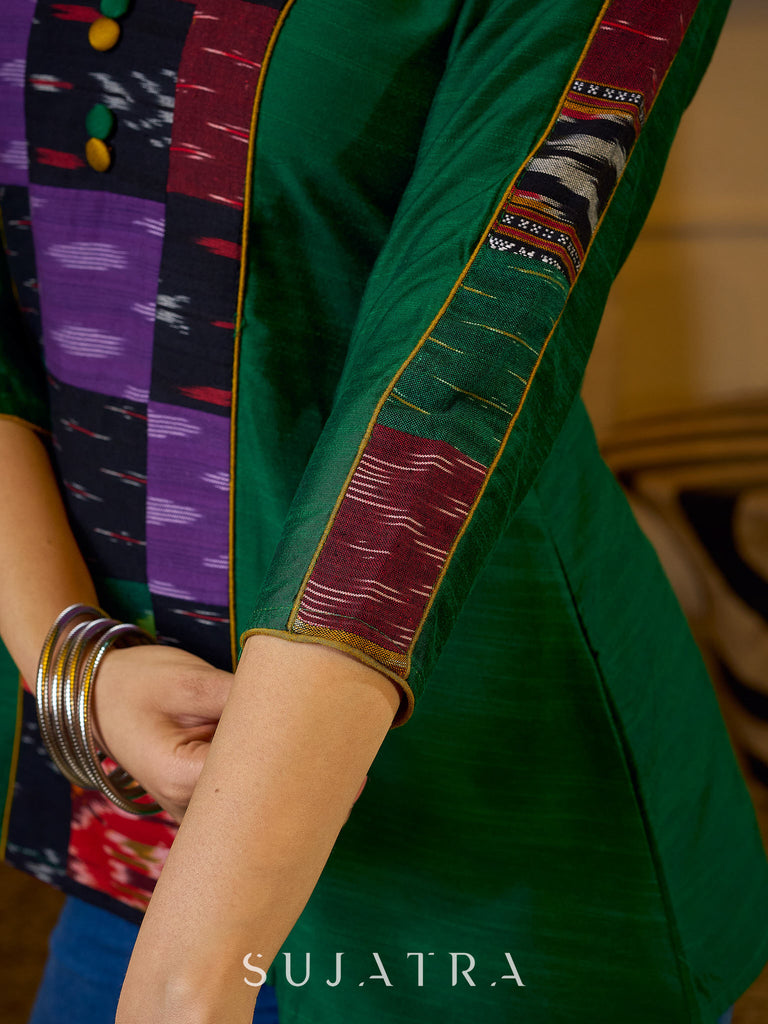 Graceful Green Cotton Silk Top with Ikat Patchwork and V Neck Detail