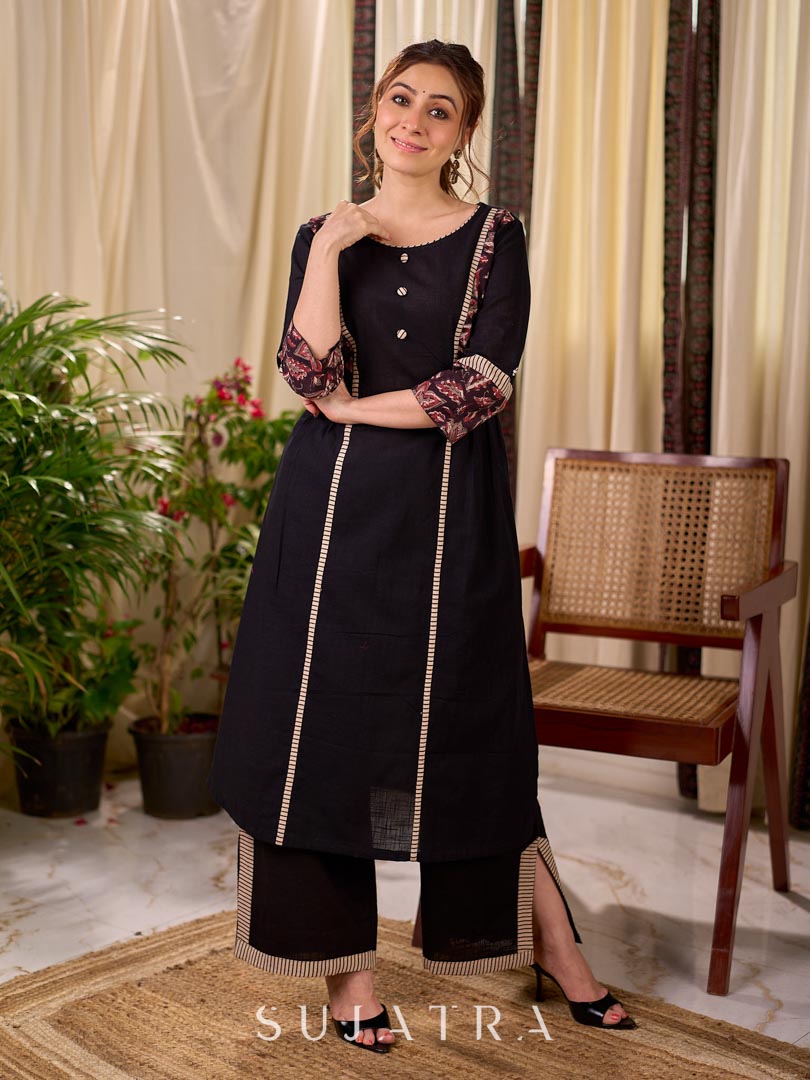 Bold Black Cotton Kurta with Contrast Floral Sleeve Cuffs and Stripe Border Detail